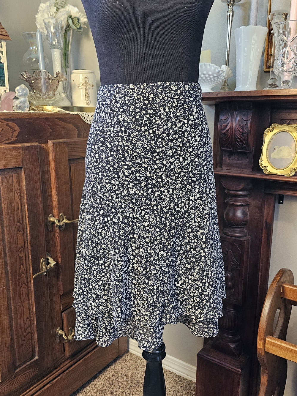 Chaps Floral Midi Skirt XL Black White Bias Cut Flounce Cottagecore
